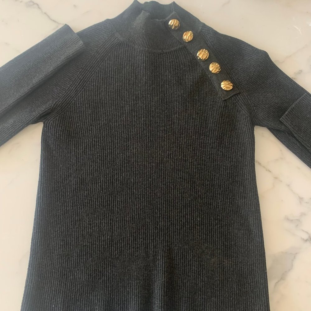 Black/grey ribbed sweater with gold button details